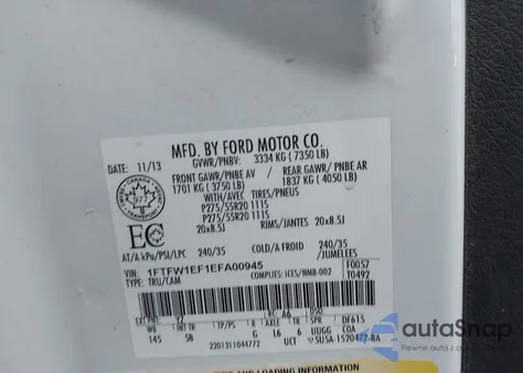 2014 Ford F-150 Fx4 z USA, uszkodzony, nr VIN 1FTFW1EF1EFA00945